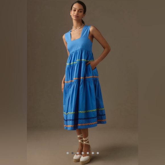 NEW Anthropologie Square-Neck Tiered Midi Dress: Smocked Scallop Edition - Picture 2 of 8